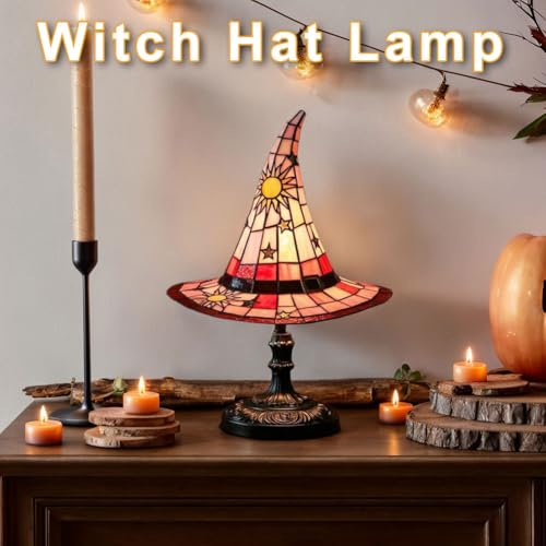 Image of Witch Hat Lamps, Handcrafted Stained Glass Resin Wizard Hat Light Gothic Table Lamp for Halloween Decor, Spooky Night Light for Bedroom and Indoor Parties, Unique Wiccan Gift
