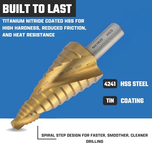 Image of NEIKO 10623A Step Drill Bit, 9 Steps 1 /2 inch to 1 inch Spiral High Speed Steel, Titanium Nitride Coated, 3 /8 inch Tri Flat Step Bits for Steel, Metal, Wood, Plastic, Unibit Cone Drill Bits, Two Flute