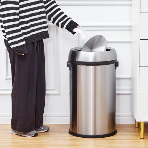 Image of 65L /17 Gal Commercial Trash Can, Round Open Top Trash Can, Large Capacity Waste Bin for Indoor /Outdoor Businesses Use, Stainless Steel Garbage Bin for Home Office Cafes Shopping Mall, Silver