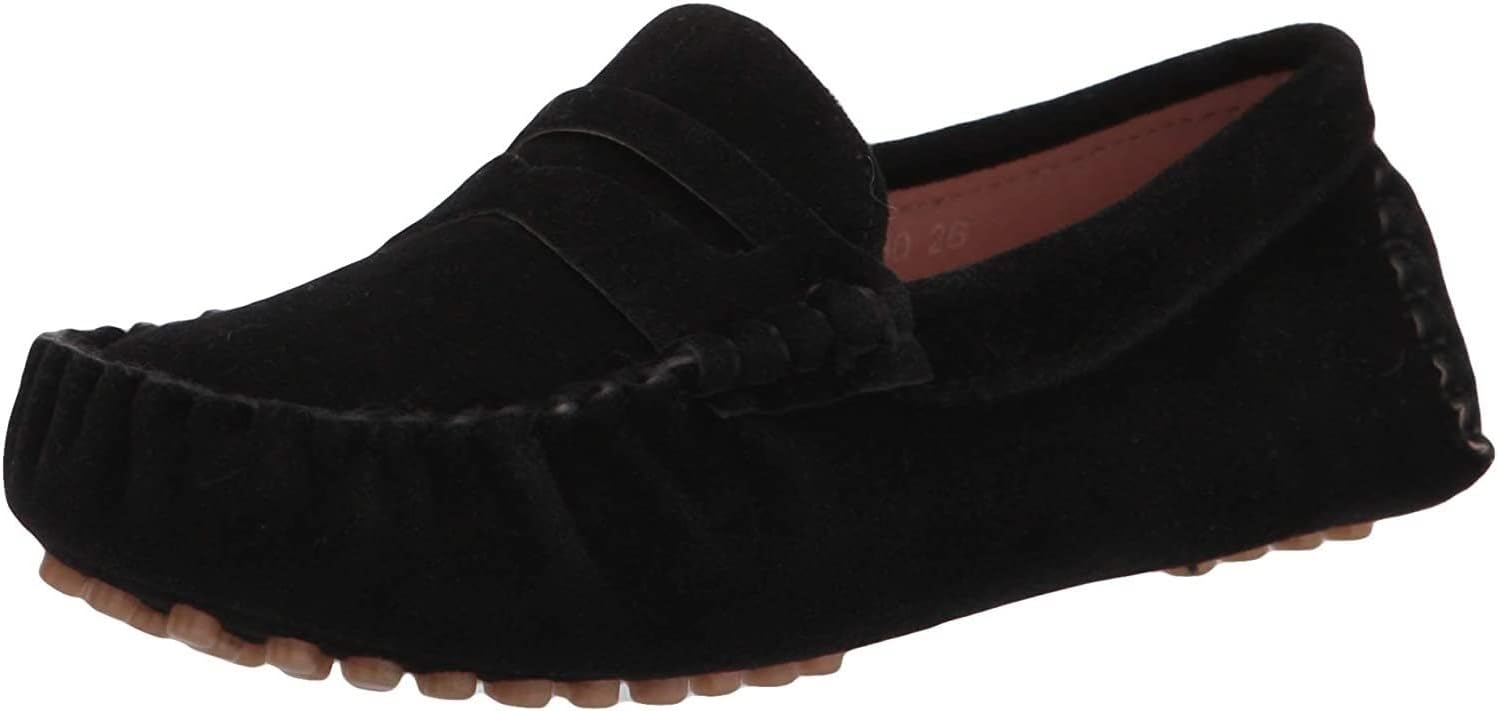Battle Men Penny Loafers for Little Kids Square Moc Toe Stiching Slip on Faux Suede Flexiable Rubber Sole Flat Heel Toddler's Moccasins One Size Smaller