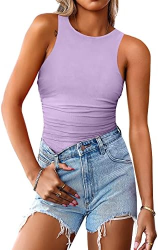 ANRABESS Women’s Sexy Sleeveless Crew Neck Mesh Ruched Bodysuit Tank Tops Jumpsuits
