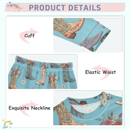 Pajama Sets Long Sleeve Cowboy Boots Floral Blue Pattern Soft Comfy Sleepwear 2 Piece PJS 3-8T4