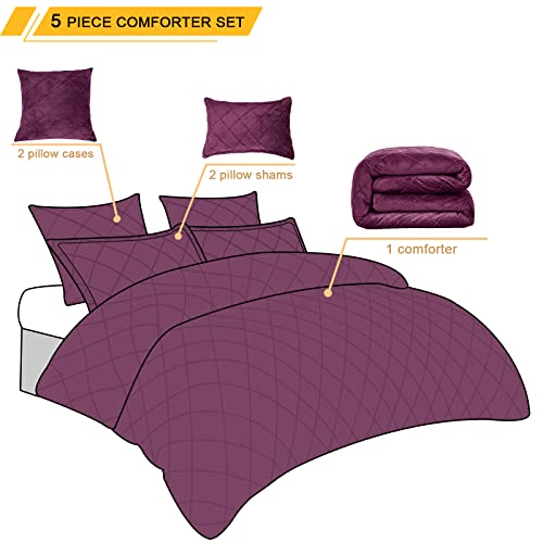 Phf Pleated Velvet Comforter Set Queen, 5Pcs Ultra Soft Warm Comforter Set For Fall And Winter, Cozy Flannel Velour Bed In A Bag, Include Comforter, Pillow Shams And Euro Shams, Wine Red #TOP4