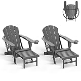 GREENVINES Folding Adirondack Chairs with Ottoman Set of 2, HDPE Plastic All-Weather Poolside Chair