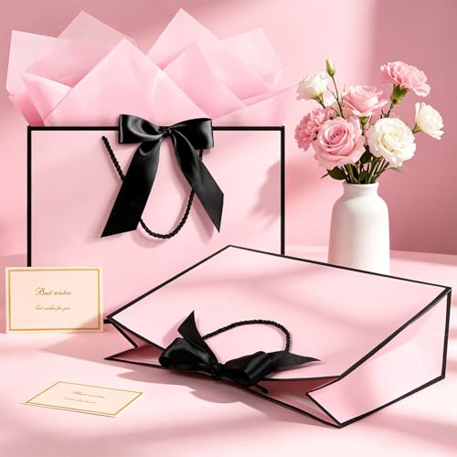 Image of JMANNI Gift Bags with Handles, 13 inch Medium Gift Bag for Presents, 8 Pcs Bags with 16 Tissue Paper and 8 Cards for Baby Shower Wedding Bridal Shower Mother's Day Birthday Party (pink black)