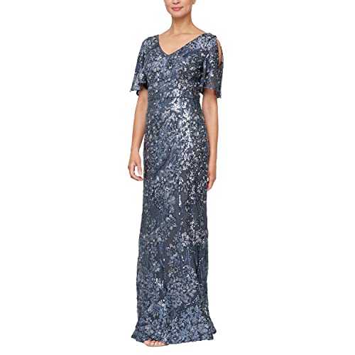 Image of Alex Evenings Women's Long Mother of The Bride Sequin Dress with Cold Shoulder Flutter Sleeves (Petite and Regular Sizes)