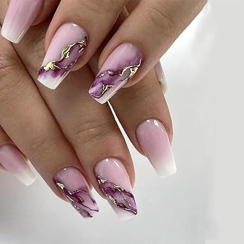 24Pcs Nails Press ons,Coffin Press on Nails Medium False Nails with Purple Marble Smudge Designs Ombre Nude Fake Nails Glossy Acrylic Artificial Nails Stick on Nails For Women Girls Cover