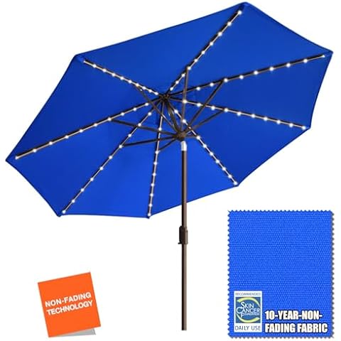 EliteShade USA 10-Year-Non-Fading Solar 9ft Market Umbrella with 80 LED Lights Patio Umbrellas Outdoor Table Umbrella with Ventilation,Royal Blue Cover