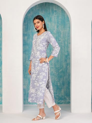 Image of GoSriKi Women's Cotton Blend Chikankari Embroidered Straight Kurta