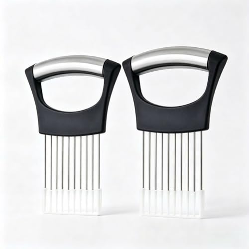 2 Pièces Porte Oignon Inoxydable avec Manche Tubulaire Noir, Tranche Oignon Manuel pour Coupe Régulière, Coupe Legumes Multifonctions et Mini Hachoir Manuel...