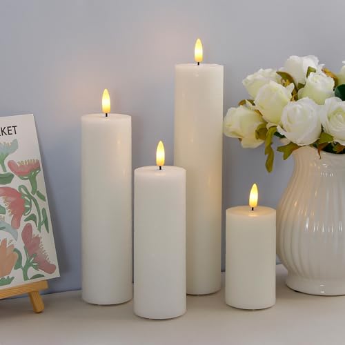 Image of LED 2.2 inch x4 inch 6 inch 8 inch 10 inch Battery Operated Remote Cycle Timer White Candles, Set of 4 Flameless Flickering Wax Pillar Dimmable Warm Light Fake Candles for Home Wedding Decor