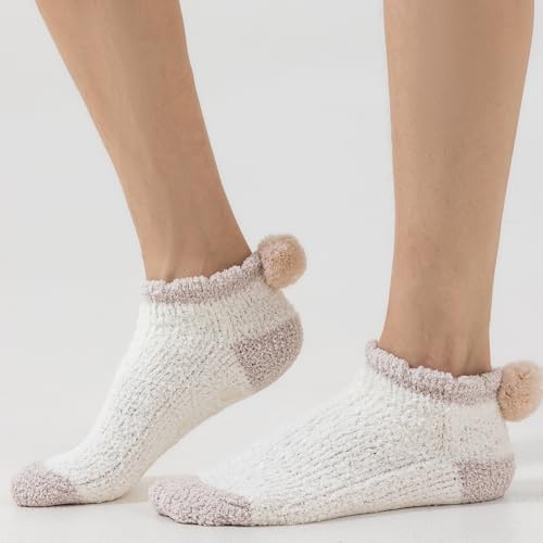 Image of 3Pairs Ankle Socks Low cut Pom Pom Fluffy Fuzzy Warm Winter Plush Slipper Socks For Women