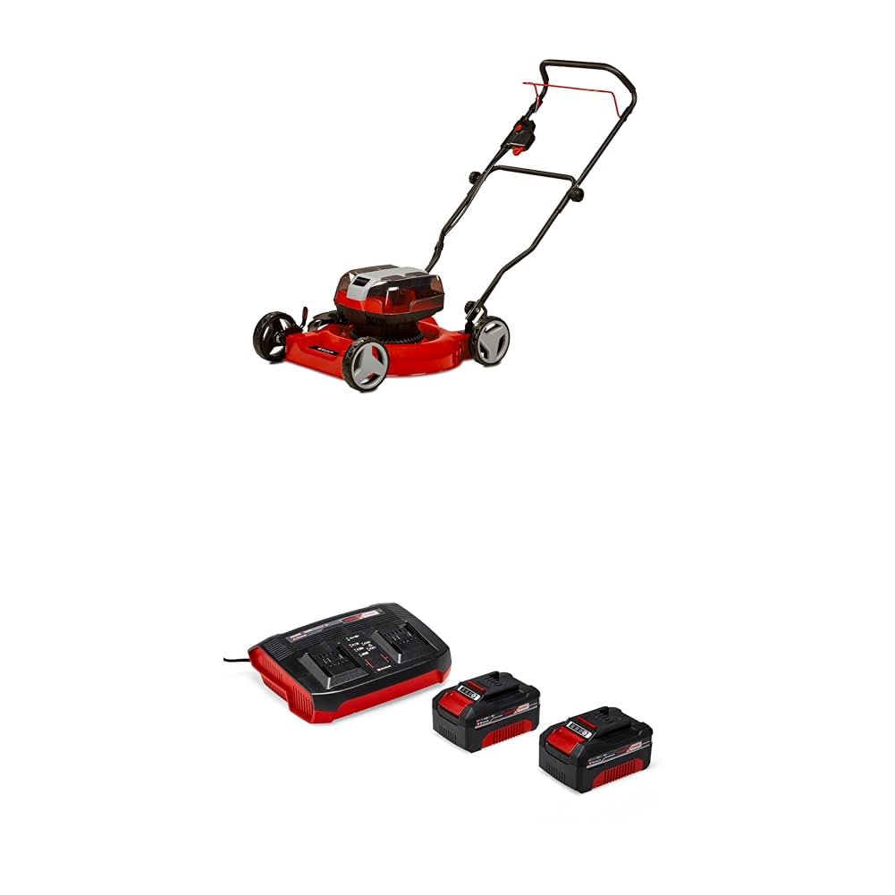 Einhell Kosiarka Akumulatorowa, Czerwony/Czarny, 36V & Einhell Pxc Zestaw Akumulator z Ładowarką, Czarny/Czerwony, ‎22.1 x 18.5 x 7.7 cm