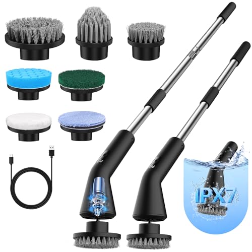 WGIDSKKI Brosse Électrique Nettoyage, Brosse Rotative Étanche IPX7, avec 7 Têtes Remplaçables, Brosses Nettoyage Salle de Bain, Manche Extensible et 2 Vitesses, pour Cuisine, Salle de Bain et Sol