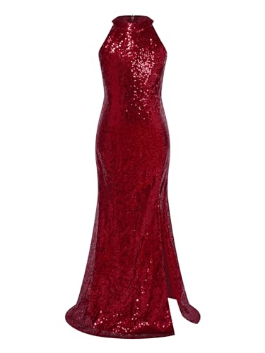 renvena Kids Girls Allover Sequins Mermaid Dress Halter Sleeveless Split Fish Tail Skirt Maxi Flower Dress