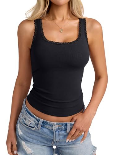 Tomwell Damen Spitzenbesatz Gerippt Tank Tops U-Boot-Ausschnitt Fitted Ärmellos Sommer Going Out Camisole Einfarbig Schwarz M