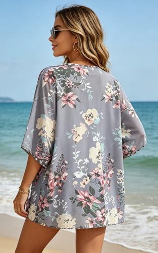 Image of FINOCEANS Womens Floral Chiffon Kimono Cardigans Loose Beach Cover Up Half Sleeve Tops