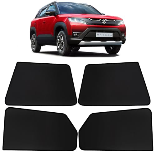Image of OTO2EYE Car Sun Shade Compatible for Maruti Suzuki Vitara Brezza Model 2022 to 2024, Z-Black Fix Type Side Window Curtains, Only Half Cut in Front Window, 4 Pieces Set