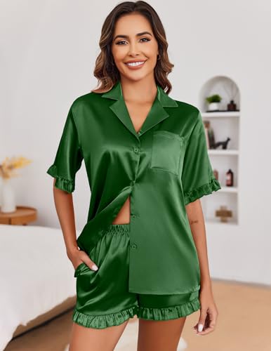 Image of Ekouaer Satin Pajama Set for Women Button Down Silk 2 Piece Pj Sets Ruffle Short Sleeve Sleepwear