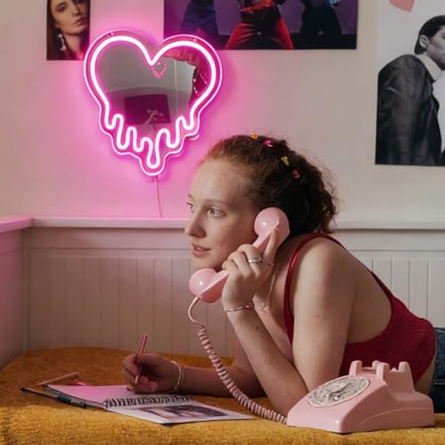 KATMBFUE Y2K Pink Heart Neon Sign, Melting Heart Neon Mirror Light, Heart vanity mirror with lights, Love Shaped LED Wall Decor for Bedroom, Girls Room,Studio, Party, Wedding, Gift for Valentine's Day, Birthday, Anniversary — view 5