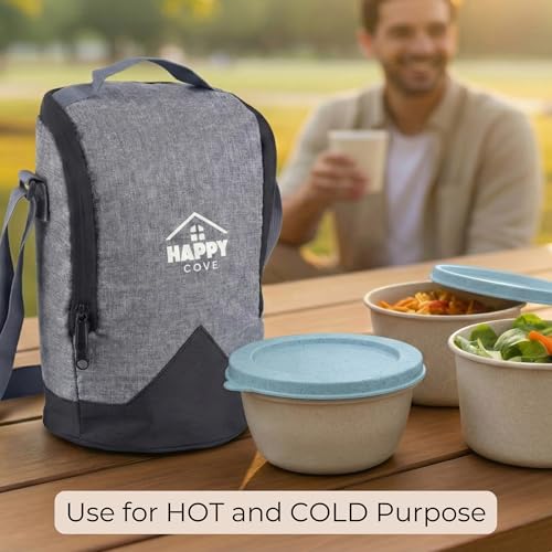 Image of Happy Cove Eco Friendly Lunch Box for Office Use, Made of Wheat Straw and Rice Husk, 3 Microwave Safe Blue Containers, Tiffin Box for Men with Grey Lunch Bag, Microwave Safe, Oven Safe, Unbreakable