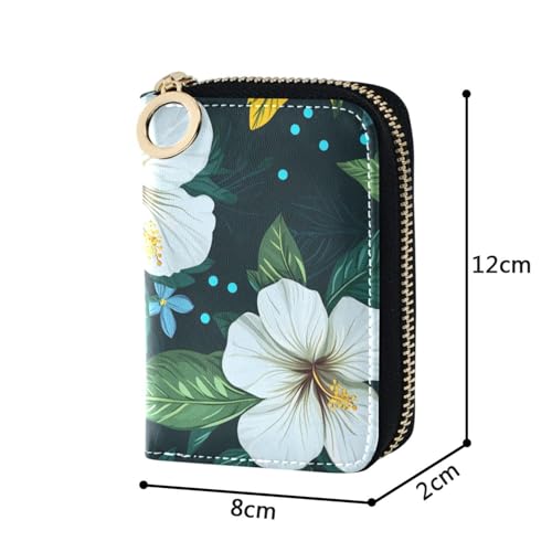 White Hibiscus Flower and Leaves Pattern Credit Card Holder Case Leather Printed Zipper ID Card Case Wallet Small RIFD Blocking Wallet for Women Girls4