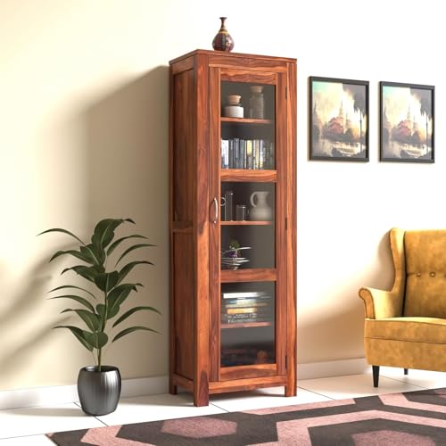 Image of Krishna Wood Decor Solid Sheesham Wooden Crockery Cabinet with Six Shelves | Display Cabinet with Acrylic Glass Door | Wooden Bookcase | Storage Rack for Living Room & Home | Honey Finish