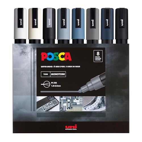 Image of posca Markers Set, 8 Medium Paint Markers 5M - Mono Tone - White, Ivory, Silver, Grey, Navy Blue, Black