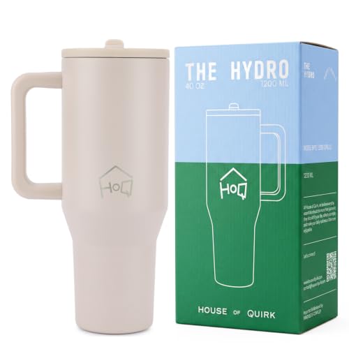 Image of House of Quirk 1200ML Tumbler with Handle & Simple Flip Straw - Car Cup Holder Friendly, Leak Resistant Stainless Steel Water Bottle with Rubber Base (Oat)