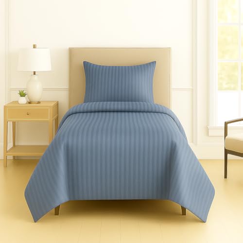 Image of DECOR2ADMIRE 300 Thread Count Premium Glace Cotton Plain Stripe Single Bedsheet with One Pillow Cover (60 inch x 90 inch) (Blue, Pack of 2)