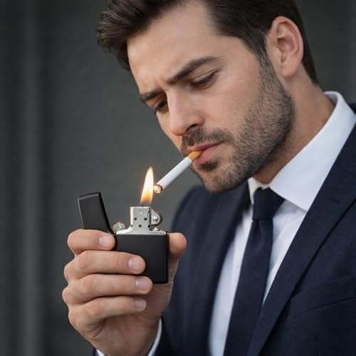 Image of Classic Matte Black Metal Lighter, Refillable, Windproof Flip-Top Design