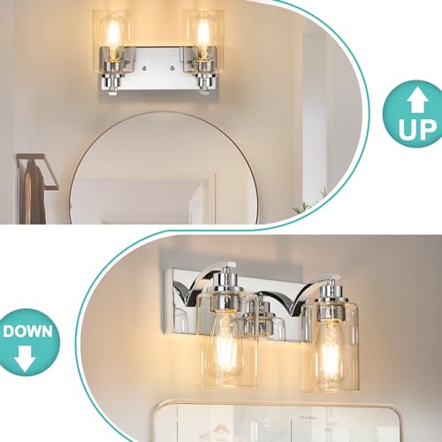 Image of 2-Light Bathroom Light Fixtures Modern Chrome Vanity Lights | Easy to Install Clear Glass Shades, Wall Mount Up or Down, E26 Socket, Hardwired, 125V