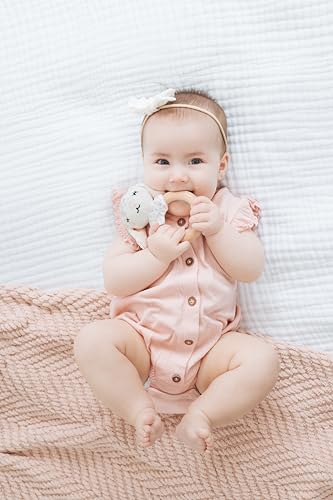 Pearhead Floral Bunny Wooden Baby Teething Ring, Natural Wood & Plush Infant Teether Rattle, BPA-Free Newborn Gum Soother, Easy-Grip Sensory Toy, 0 Months+ - Image 4