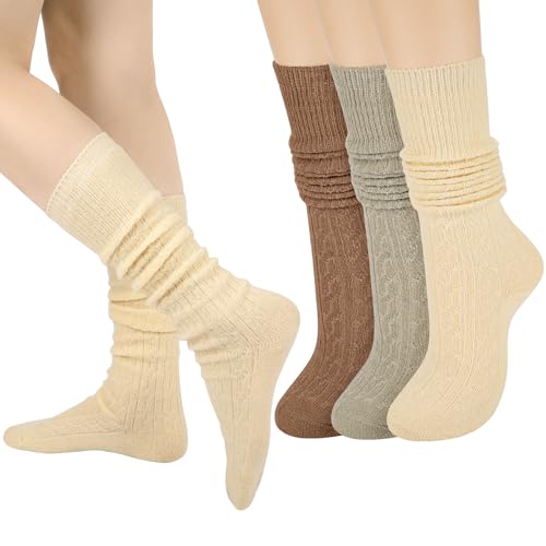 Aurmly 3 Pairs Knee High Socks for Women Thermal Winter Knit Crew Boot Socks, Ladies Soft Warm Bed Sock, Ideal Christmas Gifts for Women UK4-8