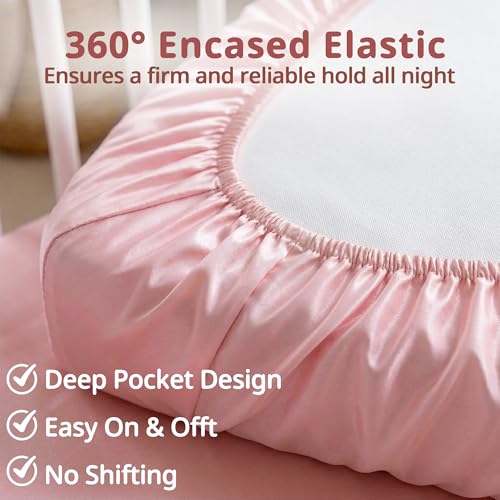 Image of Pro Goleem Satin Mini Crib Sheets 2 Pack, Pink & Purple Silky Soft Fitted Sheet for Baby Hair Protection, 38 inchx24 inchx5 inch Breathable Mattress Cover Compatible with Pack n Play & Portable Crib