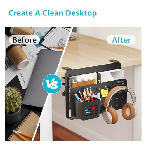 Image of PEGZONE Desk Side Storage Organizer, No Drill Under Desk Laptop Holder, Clamp on Desks Shelf with Pegboard Accessories, Hanging Laptop Mount, Fits Flat Edge 0.4 inch to 2.2 inch, Black | No Drill Under Desk Laptop Holder, Clamp on Desks Shelf with Pegboard Accessories, Hanging Laptop Mount