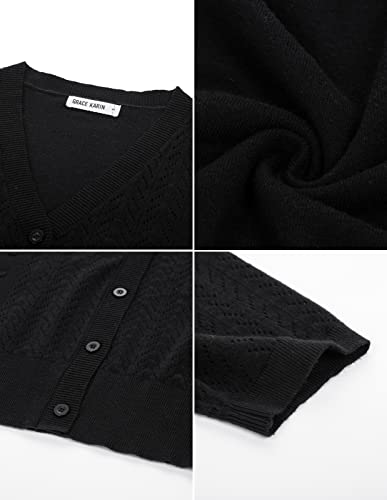 GRACE KARIN Cropped Cardigan Sweaters for Women Short Sleeve Crochet Knit Bolero Shrug V-Neck Button up Tops4