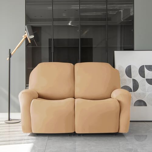 Image of HOKIPO 'SereneSolids' 140 GSM 6-Pieces Super Stretch Recliner Sofa Cover 2 Seater Fully Covered Washable Furniture Protector, Camel (AR-4741-CML)
