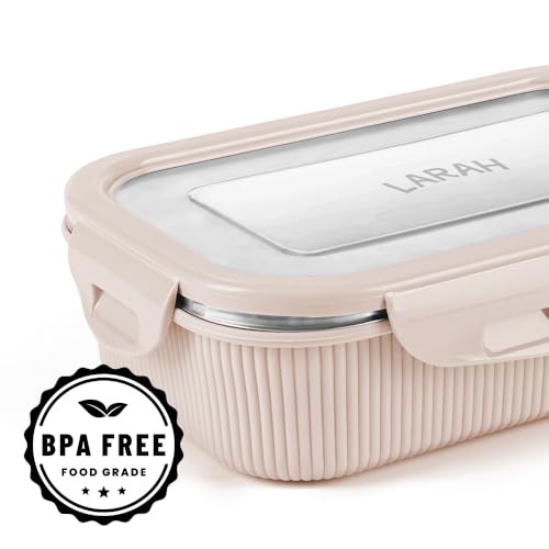 Image of Larah by BOROSIL Freshbyte Stainless Steel Lunch Box | 800 ml + 200 ml Rectangle Container Set | Airtight, Dishwasher Safe Tiffin | Portable Kids Tiffin | 1 Year Warranty (Beige)