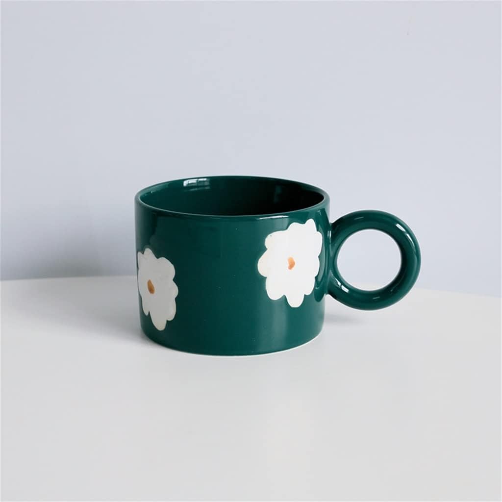 Nordic Hand-painted Flower Ceramic Mug Personality Tea Cup With Round Handle Emerald Couple Coffee Cup