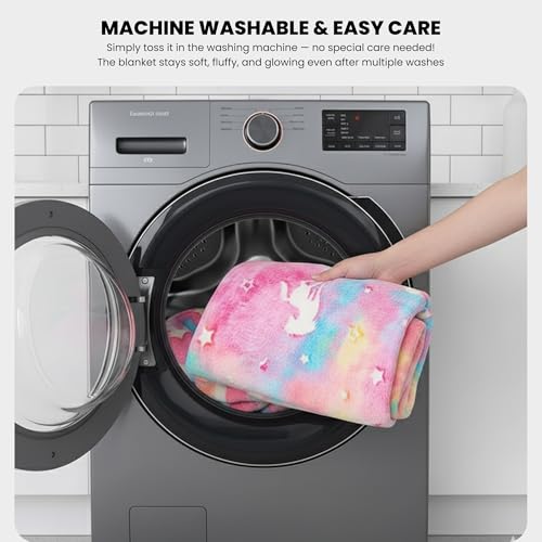 Image of Glow-in-the-Dark Enchanted Rainbow Unicorn Blanket for Kids-Super Soft Rainbow Pink Fleece Throw, 150x200 cm Unisex Glow Blanket,Magical Winter Bedtime Gift that Glows Beautifully At Night | Super Soft Rainbow Pink Fleece Throw, 150x200 cm, Unisex, Magical Winter Bedtime Gift, Glows Beautifully At Night