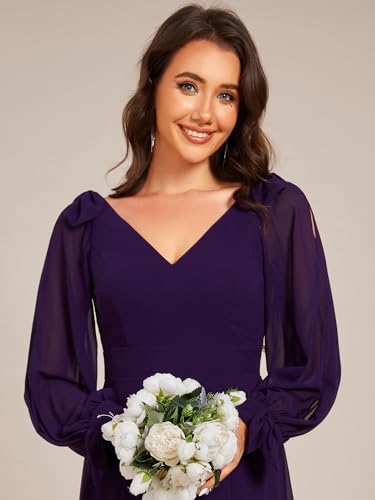 Image of Ever-Pretty Women's Fall Winter Formal Wedding Guest Dress Long Sleeve V Neck Chiffon Floor Length Bridesmaid Dresses 80116