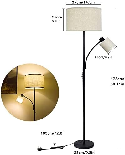 Depuley Depuley E27 Vloerlamp voor slaapkamer, lampenkap met leesapparaat, staande lamp voor woonkamer, modern, metaal, zwart, klassiek design, voor slaapkamer, hoogte 176 cm, lampen 9 W + 5 W inbegrepen photo 2