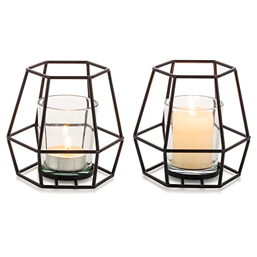 Nuptio Pillar Candle Holder Black Tea Light Candle Holders 2 Pcs Geometric Tealight Candle Holder Metal Candle Stand Table Centerpiece for Halloween Office Home Decor
