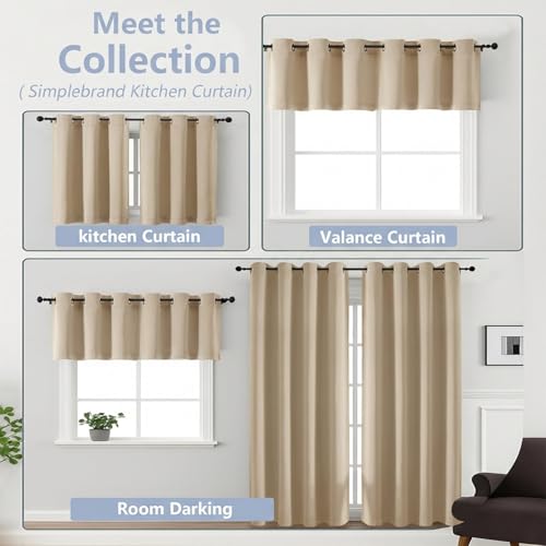 Image of Simplebrand Biscotti Beige Window Valance for Kitchen 14 Inches Long 2 Panels Set, Room Darkening Valance Curtains for Living Room, Short Privacy Kitchen Curtains for Bedroom Kids Room, 40Wx14L