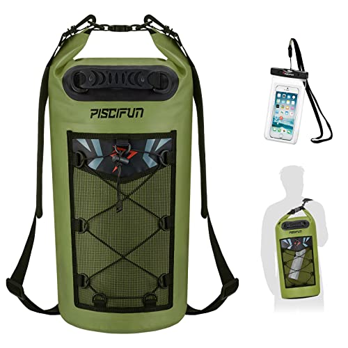 Piscifun Dry Bag, Waterproof Floating Backpack 40L with Waterproof Phone Case for Boating, Kayaking, Fishing, Army Green 40L by Piscifun - Used condition - US$21.61