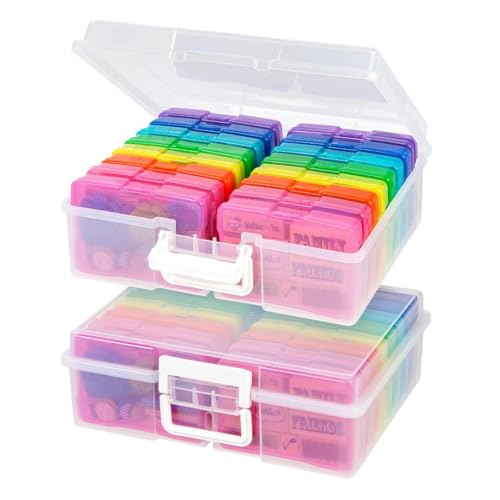 Image of IRIS USA 4 inch x 6 inch |Made in USA| 2-Pack Photo Organizers and Picture Storage Box with Handle, 16 Inner Cases /Containers for Tasks, Stickers, Ephemera, & Flashcards - Clear /Multi-Color