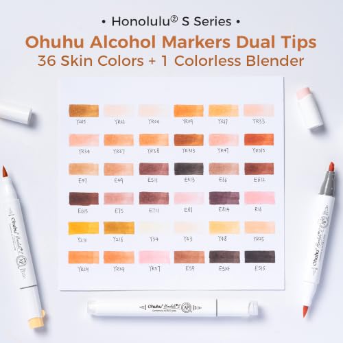 Image of Ohuhu Alcohol Markers 36 Skin Colors Brush Soft Chisel for Portrait Drawing