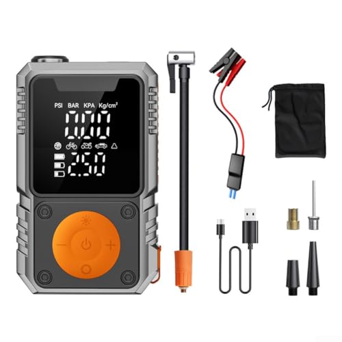 GLFLOW Arrancador portátil de batería de coche de 7200 mAh, arrancador de coche y bomba de aire con pantalla LCD, inflador portátil de 150 PSI para neumáticos, motocicletas, bolas, verde (4 x 1500 mAh