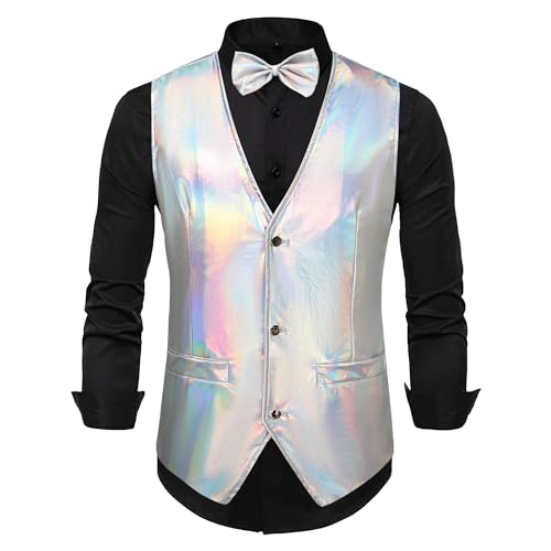 Maiyifu-GJ Men's Vest Disco Party Nightclub Suit Vest Waistcoat Sleeveless Slim Fit Jacket with Bow Tie